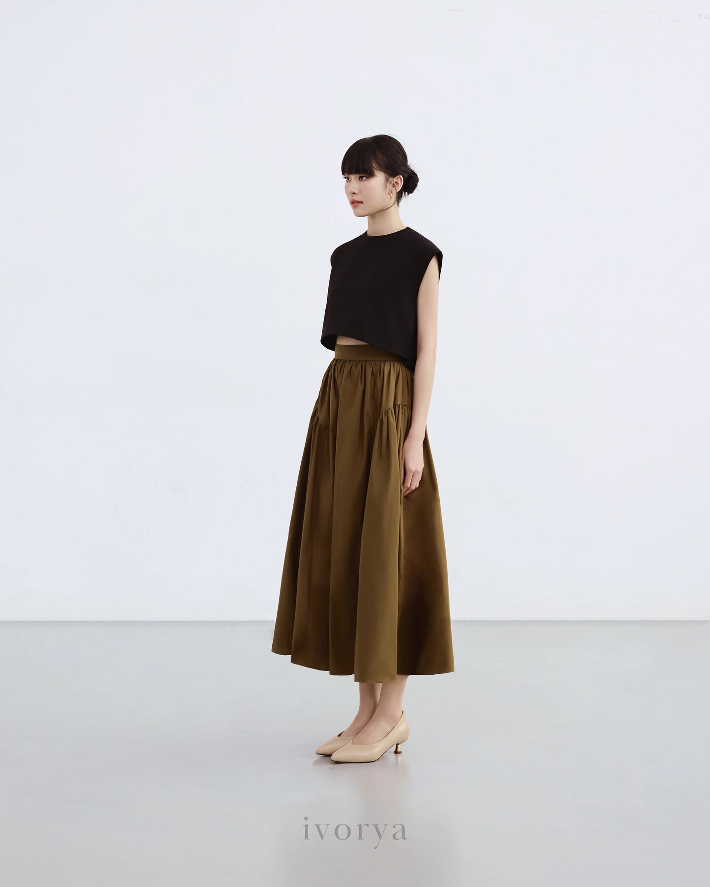 Chân váy midi xếp nhún sườn màu xanh rêu đậm - SK9878