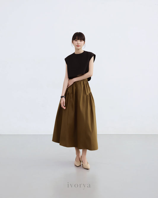 Chân váy midi xếp nhún sườn màu xanh rêu đậm - SK9878