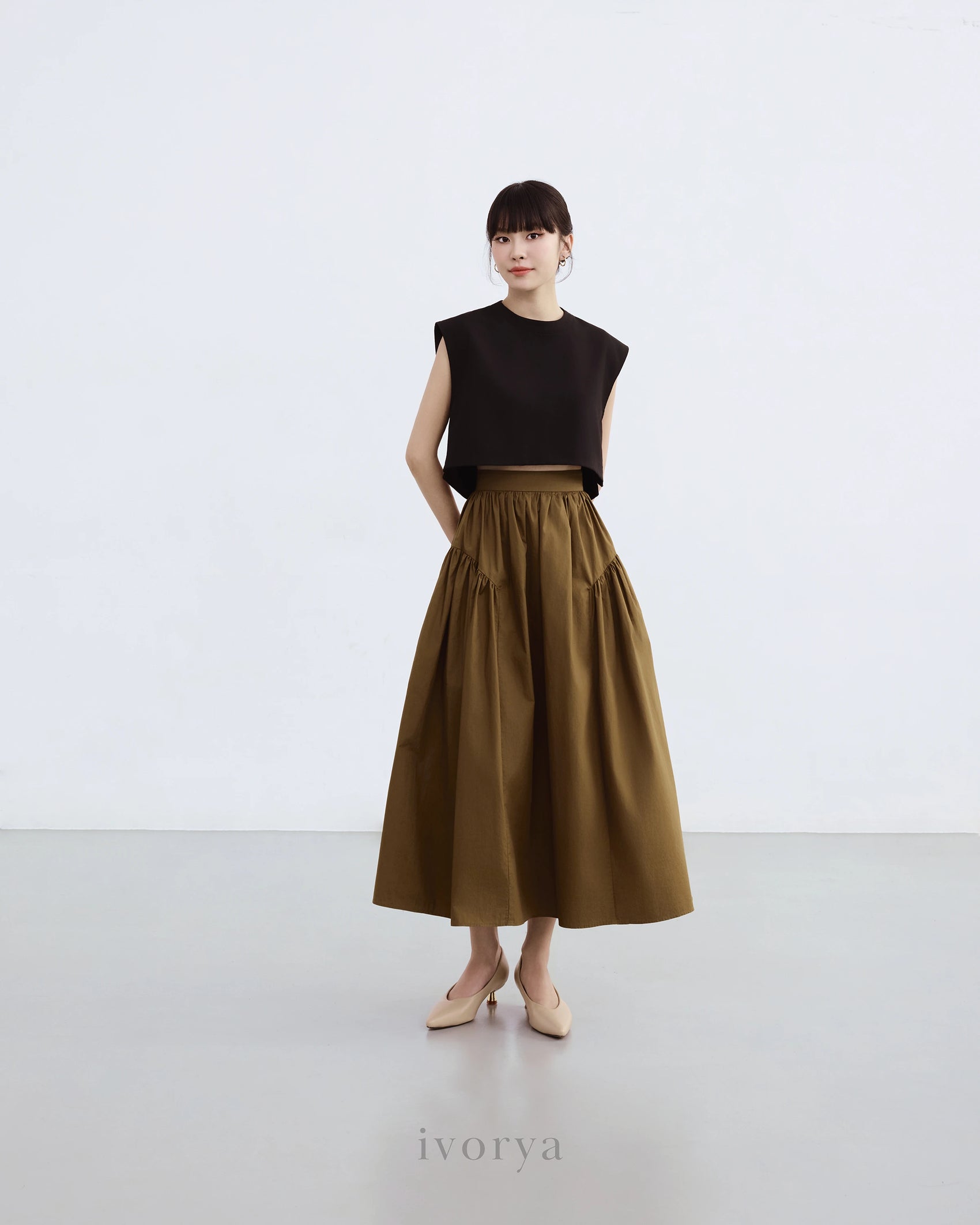 Chân váy midi xếp nhún sườn màu xanh rêu đậm - SK9878