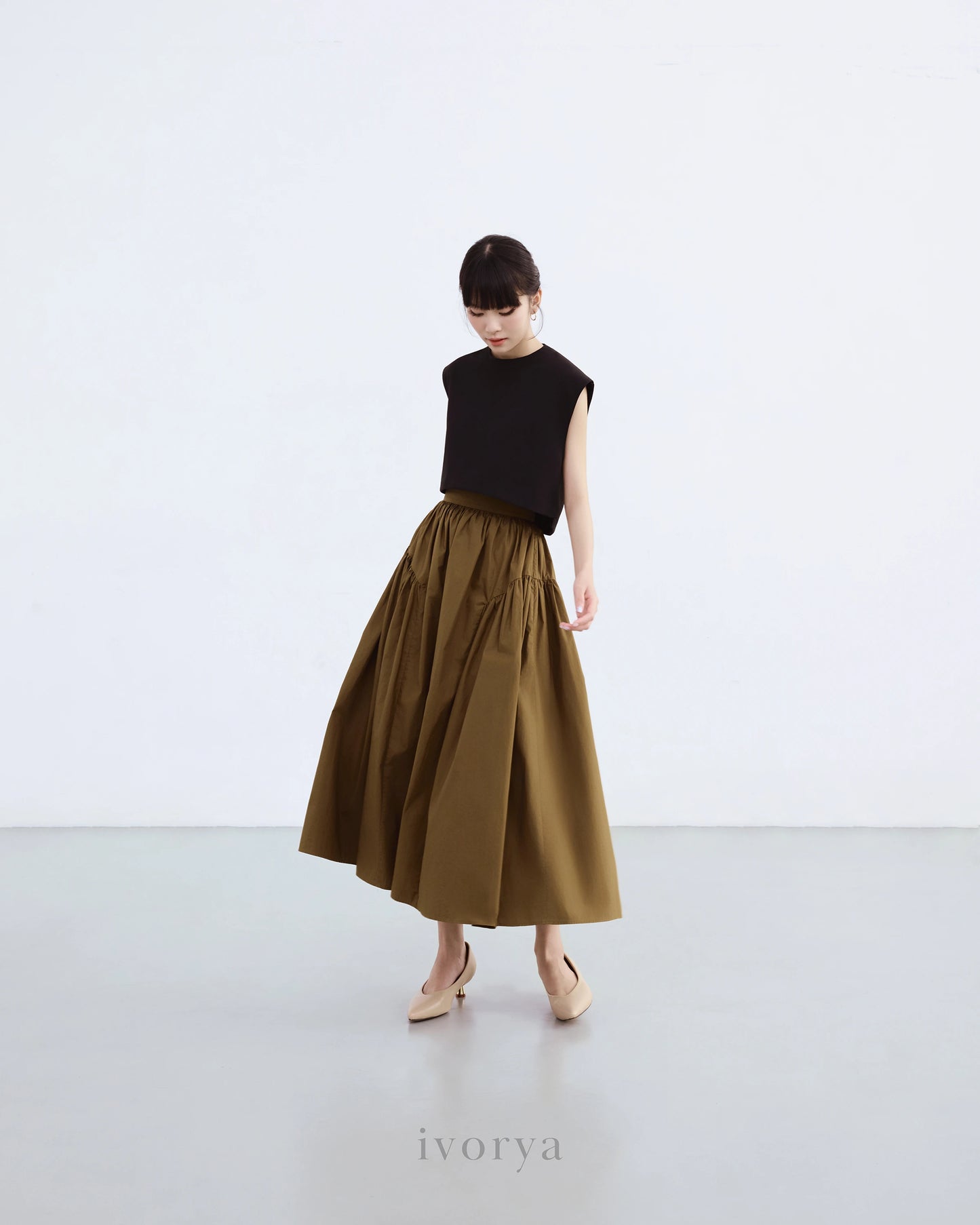 Chân váy midi xếp nhún sườn màu xanh rêu đậm - SK9878