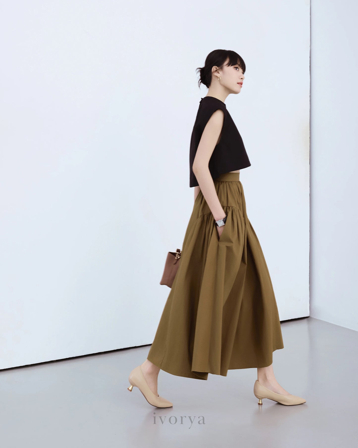 Chân váy midi xếp nhún sườn màu xanh rêu đậm - SK9878
