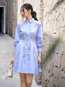 Đầm sơ mi màu xanh dương nhạt, tay dài xếp ly cách điệu - YD9836