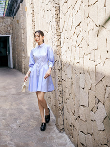 Đầm sơ mi màu xanh dương nhạt, tay dài xếp ly cách điệu - YD9836