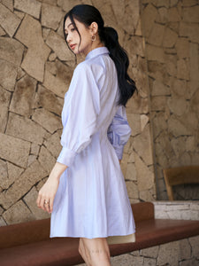 Đầm sơ mi màu xanh dương nhạt, tay dài xếp ly cách điệu - YD9836