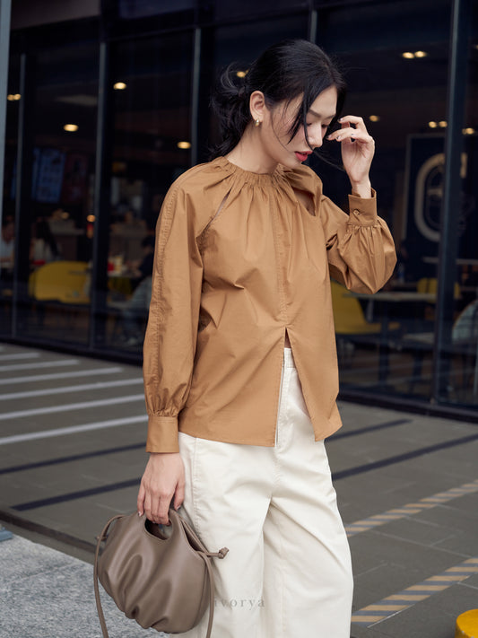 Áo kiểu nữ màu nâu tay dài có cổ áo xếp ly và gấu áo xẻ tà - SH9926